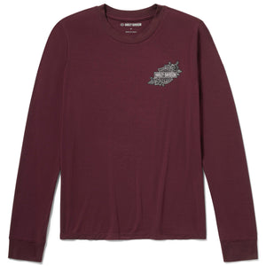 Maroon long-sleeve shirt with a logo on a white background