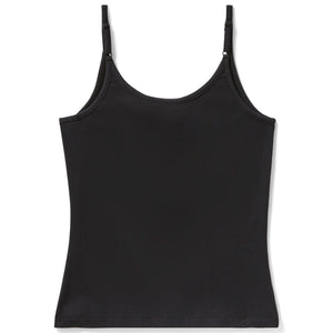 Black tank top with thin straps on a white background