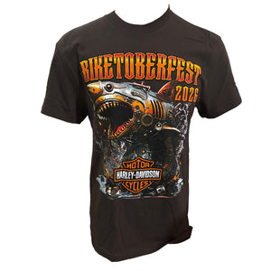 A black short-sleeve graphic t-shirt featuring a large front print with the words 'BIKETOBERFEST 2026', a steam punk shark in a motorcycle helmet, and a Harley-Davidson logo near the bottom of the graphic.