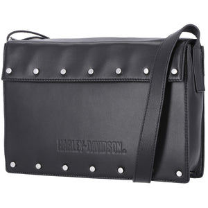 Harley-Davidson Women's Script Logo Flat Stud Flap Crossbody Bag, Black MHW101/08