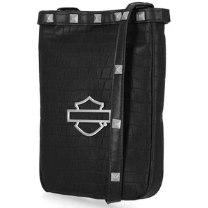 Black leather bag with studded details and a prominent logo on a white background