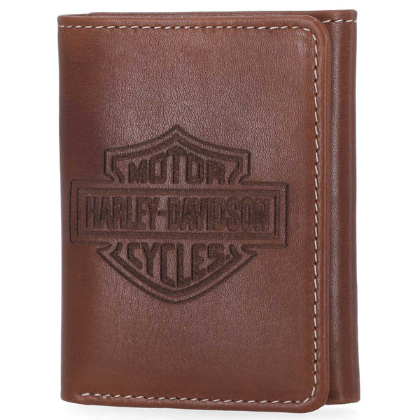 Harley-Davidson Men's Laser Bar & Shield Logo Tri-Fold Leather Wallet, Brown MWM-064