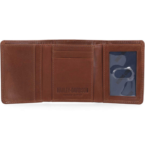 Harley-Davidson Men's Laser Bar & Shield Logo Tri-Fold Leather Wallet, Brown MWM-064