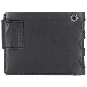 Black leather bifold wallet with a side tab closure, a metal grommet on the upper right, and decorative stitched detailing along the right edge, shown on a plain white background.