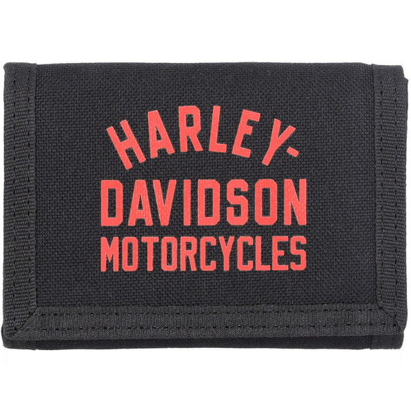 Harley-Davidson Men's H-D Arched Script Logo Tri-Fold Polyester Velcro Wallet, Black MWM081/08