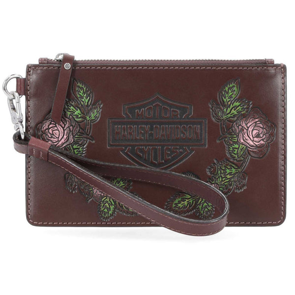 Harley-Davidson Women's Floral Bar & Shield Genuine Leather Wristlet, Brown MWW042/01