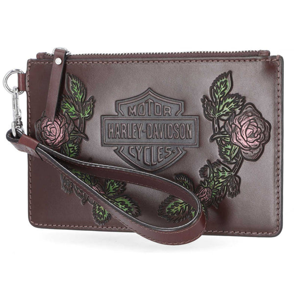 Harley-Davidson Women's Floral Bar & Shield Genuine Leather Wristlet, Brown MWW042/01