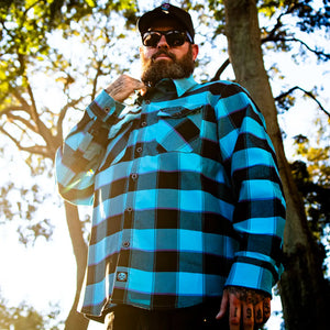 Demons Behind Me Men's Survivor 2.0 Limited Edition Stretch Button-Up Long Sleeve Shirt, Light Blue/Black Flannel NT002