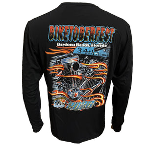 Black long-sleeve t-shirt showing the back graphic for 'Biketoberfest 2026' in Daytona Beach, Florida. The graphic features a detailed motorcycle engine illustration surrounded by orange and yellow flames, with blue and orange text.