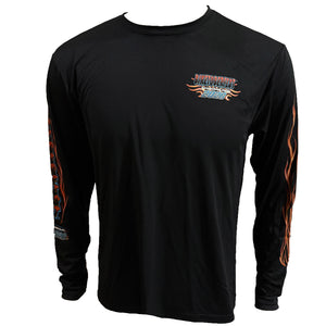 A black long-sleeve performance shirt with flame graphics on the sleeves and a 'BIKETOBERFEST 2026' graphic on the left chest, displayed on a white background.