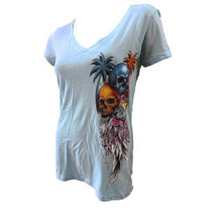 Official Daytona Biketoberfest 2026 Women's Palm Skulls Short Sleeve Shirt, Light Blue