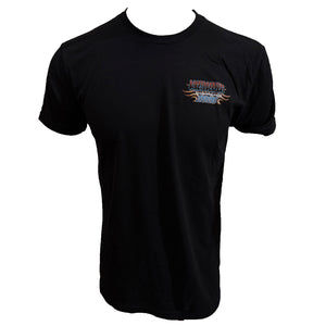 A black short-sleeve crewneck t-shirt with a small graphic on the left chest featuring the text 'BIKETOBERFEST 2026' in stylized red, white, and blue lettering with orange flame-like accents, displayed on a white background.