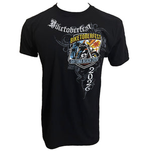A black short-sleeve t-shirt with a large graphic print on the front. The graphic features the text 'Biketoberfest' in a gothic font, a central shield containing a motorcycle and palm trees, and the year '2026' printed vertically in white.