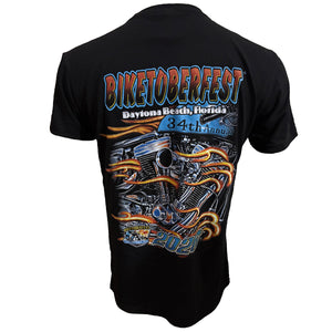 Black short-sleeve t-shirt shown from the back, featuring a large graphic print for 'Biketoberfest 2026' in Daytona Beach, Florida. The graphic includes stylized orange flames, a detailed silver motorcycle engine illustration, and blue and orange lettering.