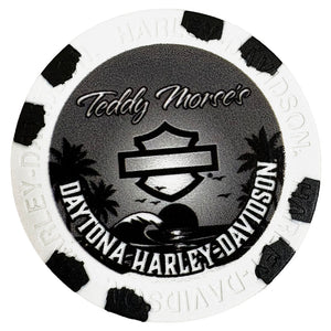 Daytona Harley-Davidson branded poker chip with black and white design