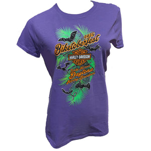Purple t-shirt with Harley-Davidson graphic design on a white background