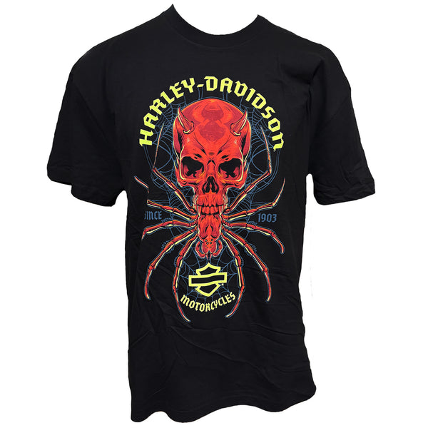 Black t-shirt with red skull and spider design featuring Harley-Davidson logo on a white background