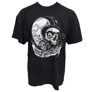 Black t-shirt with a skull wearing a helmet and 'Harley Davidson' logo on a white background