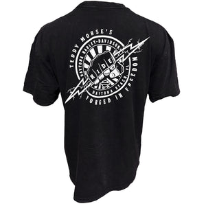 Black t-shirt with white graphic design on the back, featuring text and a logo.