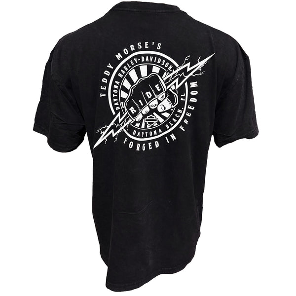 Black t-shirt with white graphic design on the back, featuring text and a logo.