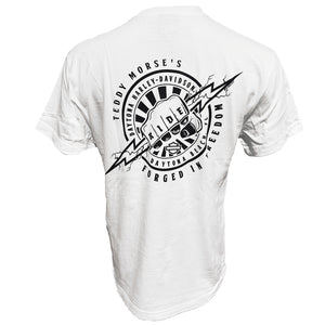White t-shirt with black graphic design on a white background