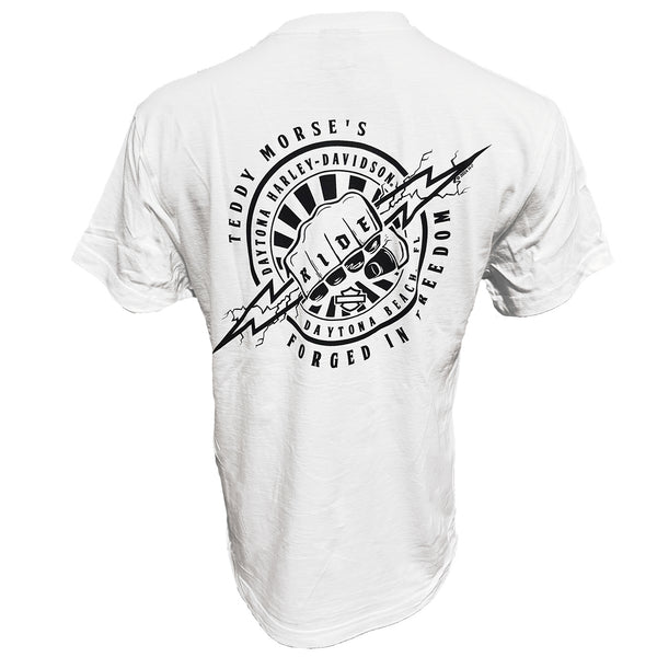 White t-shirt with black graphic design on a white background