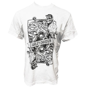 White t-shirt with black graphic design featuring a skeleton and motorcycle, with 'Harley-Davidson' branding.