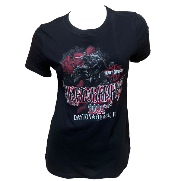 Teddy Morse's Daytona Harley-Davidson Women's Biketoberfest 2024 Rose Pedal Short Sleeve Shirt, Black