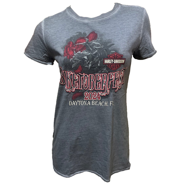 Teddy Morse's Daytona Harley-Davidson Women's Biketoberfest 2024 Rose Pedal Short Sleeve Shirt, Gray