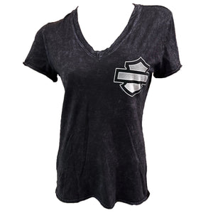 Black V-neck t-shirt with a logo on a white background