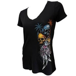 Official Daytona Biketoberfest 2026 Women's Palm Skulls Short Sleeve Shirt, Black