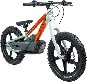 Children's electric bike with orange frame and gray body on a white background