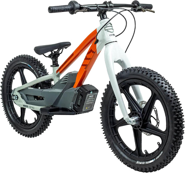 Children's electric bike with orange frame and gray body on a white background