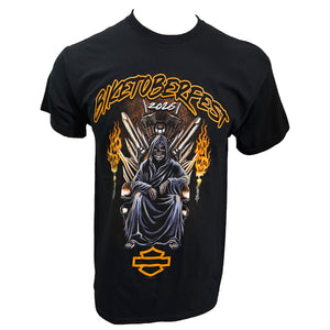 A black short-sleeve graphic t-shirt featuring a grim reaper seated on a throne with flaming torches, the text 'BIKETUBERFEST 2016' across the chest, and a Harley-Davidson logo at the bottom.