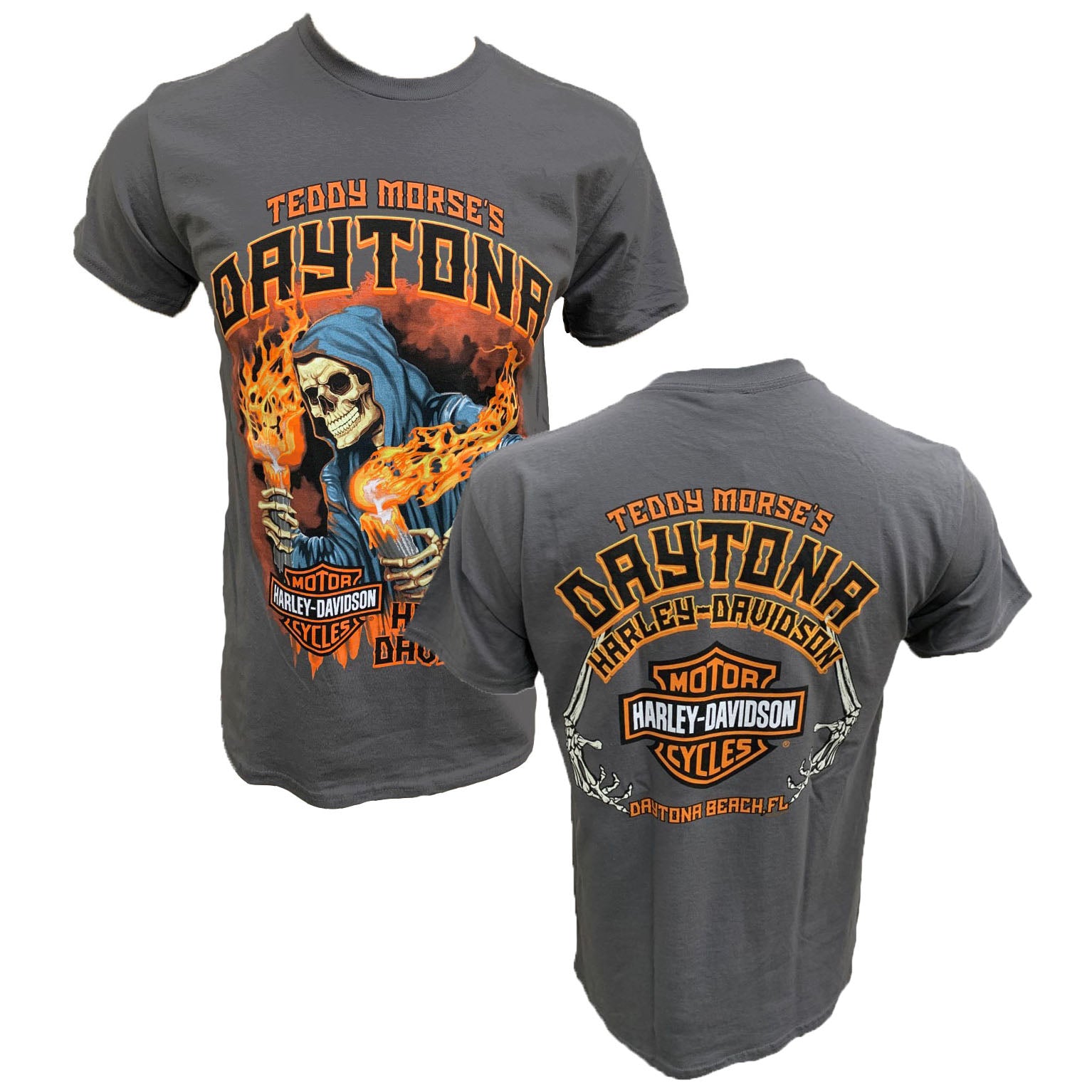Teddy Morse's Daytona Harley-Davidson Grim Reaper Bob Men's Short Sleeve  Texas Orange Shirt
