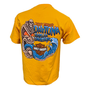 Yellow t-shirt with Daytona Harley Davidson graphic on a white background