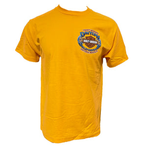 Yellow t-shirt with a Harley Davidson logo on a white background