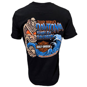 Black t-shirt with colorful graphic design on the back featuring 'Daytona Harley Davidson' and 'Harley Davidson' logos.
