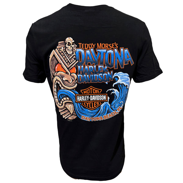 Black t-shirt with colorful graphic design on the back featuring 'Daytona Harley Davidson' and 'Harley Davidson' logos.