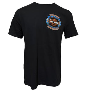 Black t-shirt with a logo on the chest against a white background