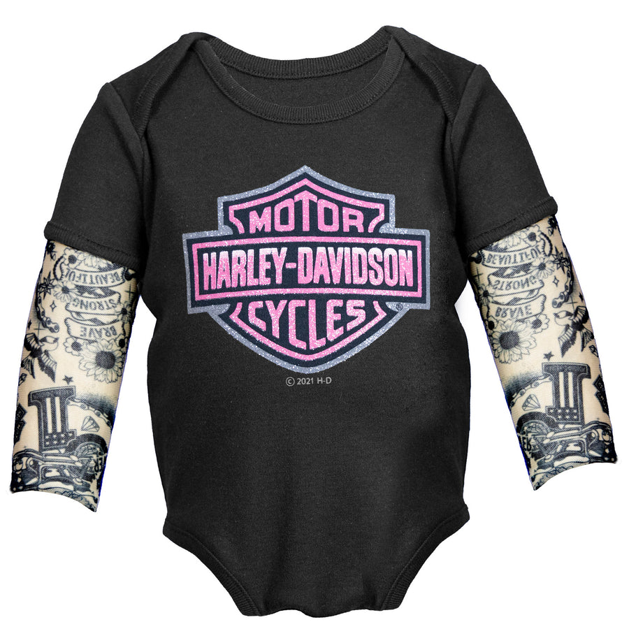Harley-Davidson Baby Girls' Glitter B&S Mesh Tattoo Long Sleeve Creeper, Black 3000153