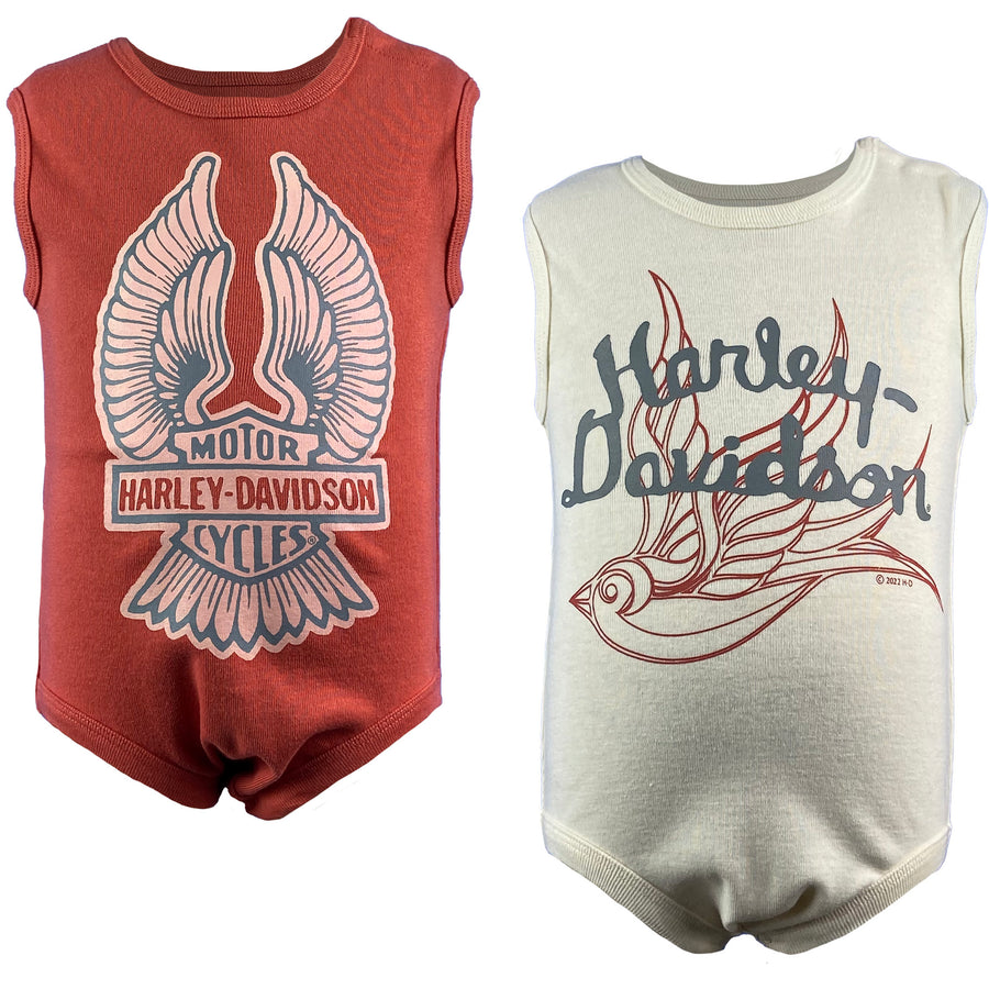 Harley-Davidson Baby Girls' 2-Pack Newborn Rib Bodysuit Creeper Set-Orange/Cream
