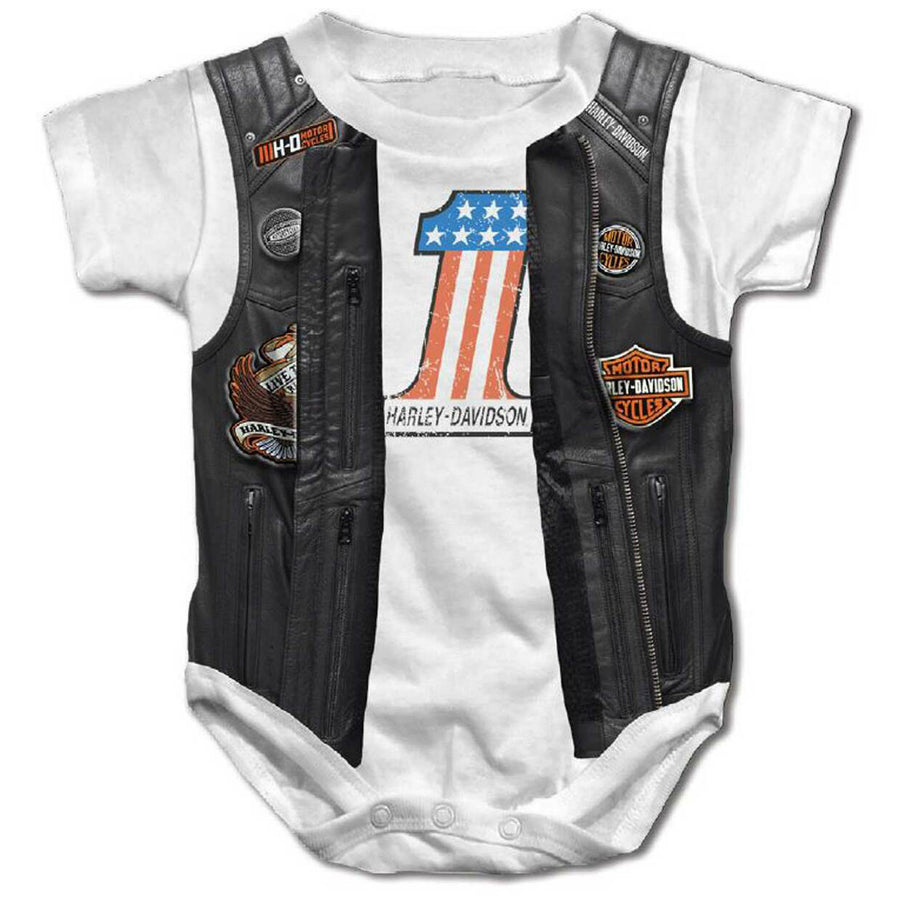 Harley-Davidson Baby Boys' Printed Faux Leather Vest Short Sleeve Creeper, White 3050155