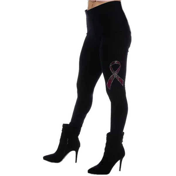 Liberty Wear Women's Relentless Embellished Pink Ribbon Mid-Rise Leggings, Black