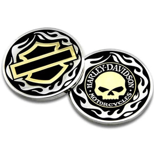 Harley-Davidson motorcycle emblem with skull design on a white background