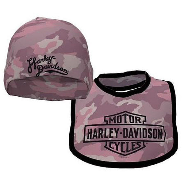 Harley-Davidson® Baby Girls' Printed Camo Newborn Bib & Hat Set, Pink 7003240