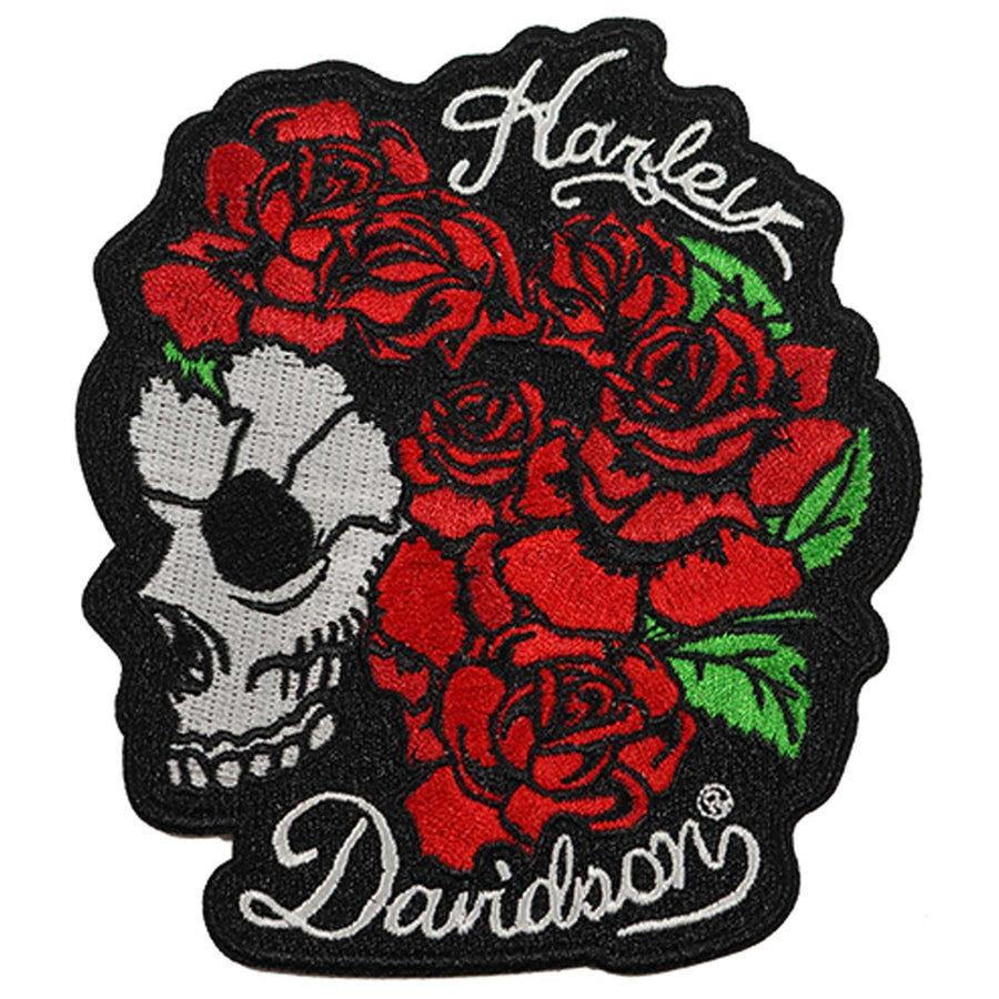 Harley-Davidson Embroidered Rose Skull Emblem 5" Sew-On Patch, Black/Red
