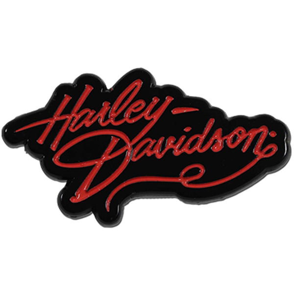 Harley-Davidson 1.25 inch. Harley Gal Text Metal Pin, Gloss Black/Pink Finish