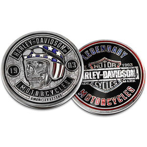 Harley-Davidson Skull Flag Bar & Shield Metal Challenge Coin, 1.75 inch - Silver