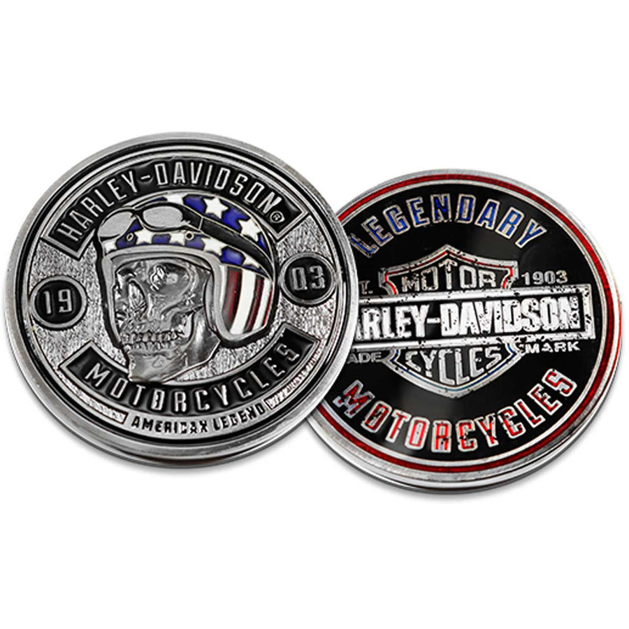 Harley-Davidson Skull Flag Bar & Shield Metal Challenge Coin, 1.75 inch - Silver